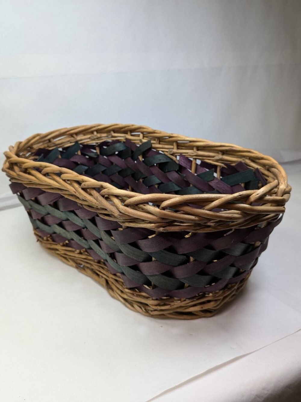 Southwestern Woven Oval Basket Deep Purple Teal Turquoise Accents Boho Rustic